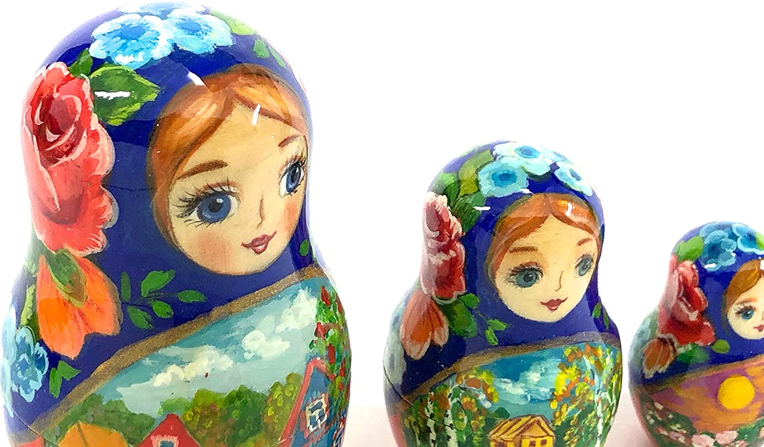 マトリョーシカ 5個組 10.5cm フィリモノワ 作 (青/風景) [ロシア製]