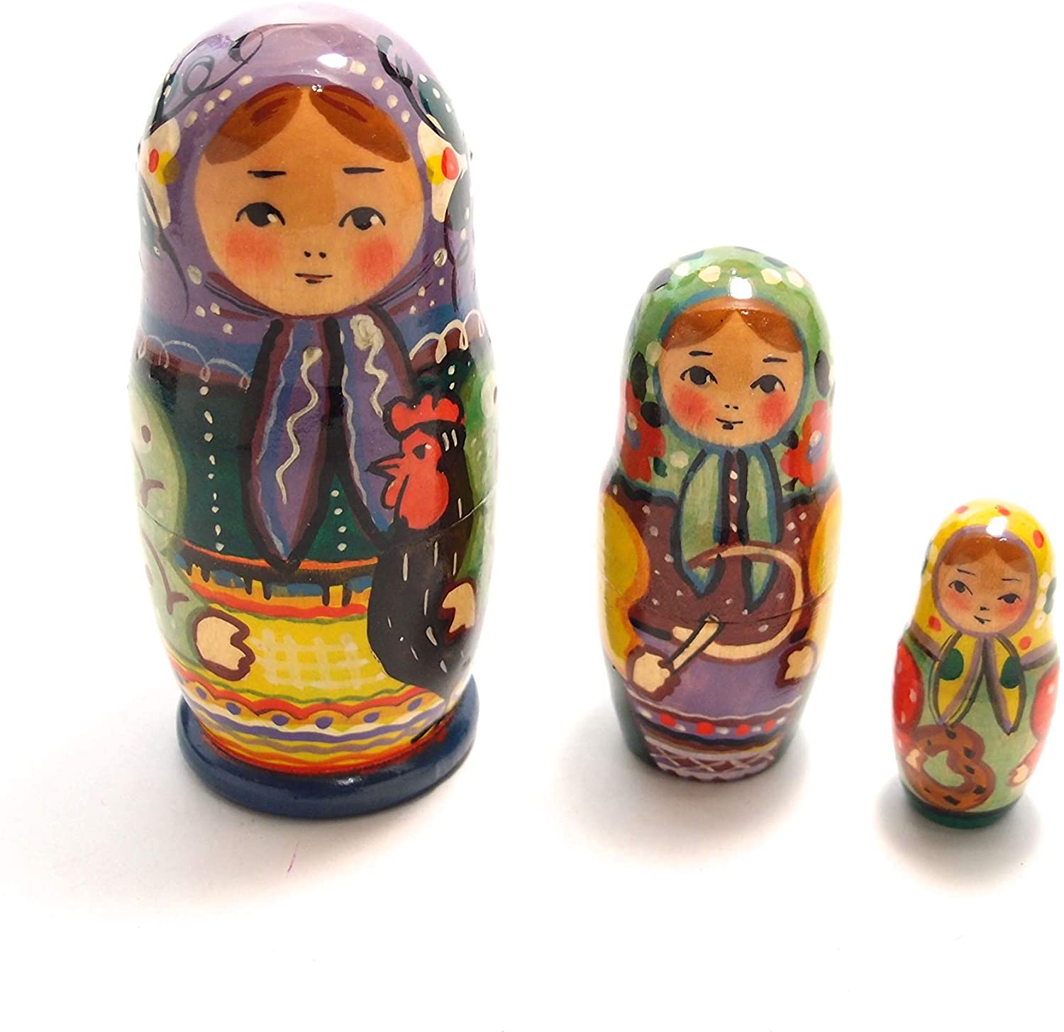 マトリョーシカ 3個組 12cm 「ニワトリ」 アンナ・リャボワ 作 [ロシア雑貨] 　