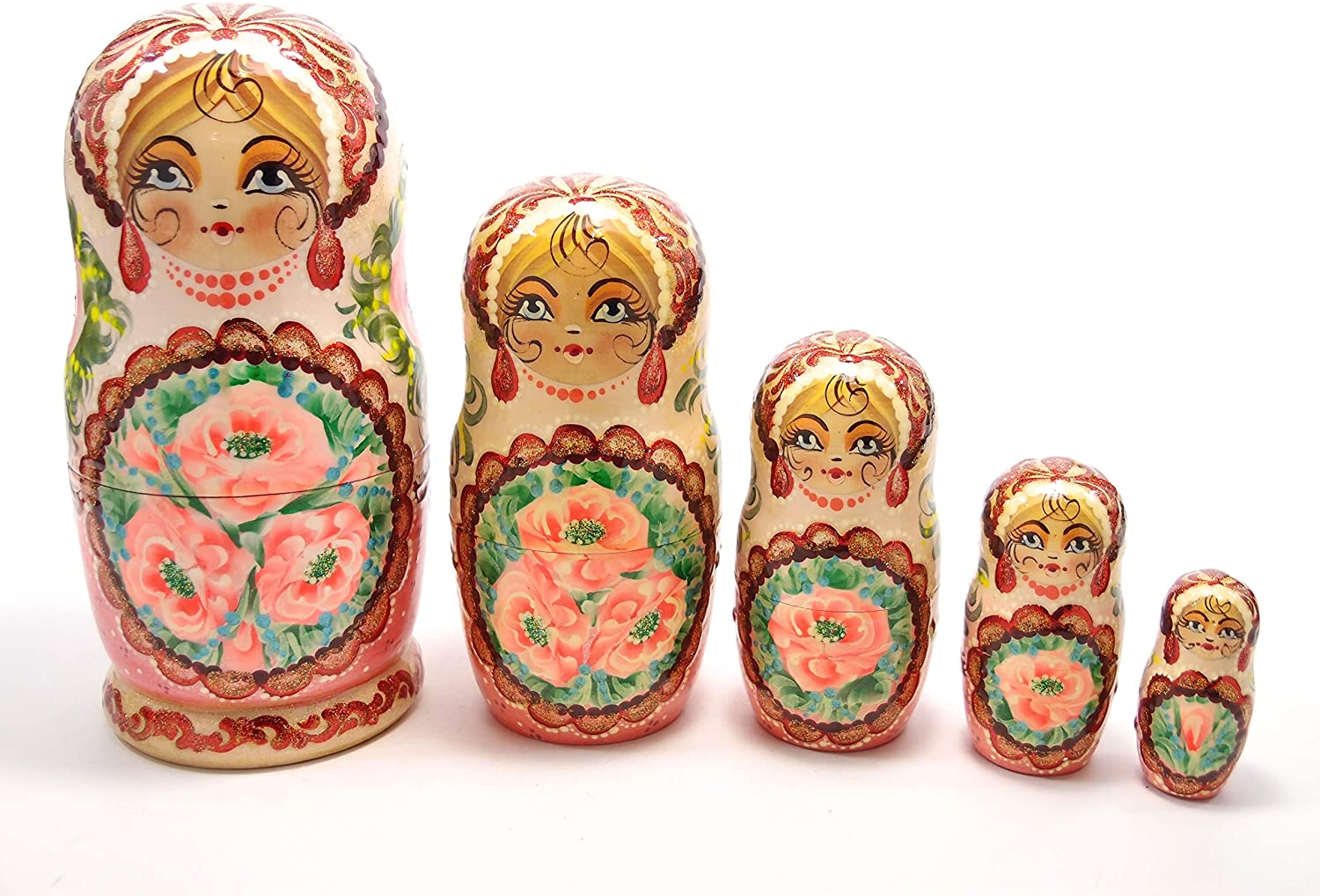 【商品入れ替えのためSALE】マトリョーシカ 5個組 18cm (コーラルピンク) ナタリア・ヴォイコ 作 [ロシア製]　