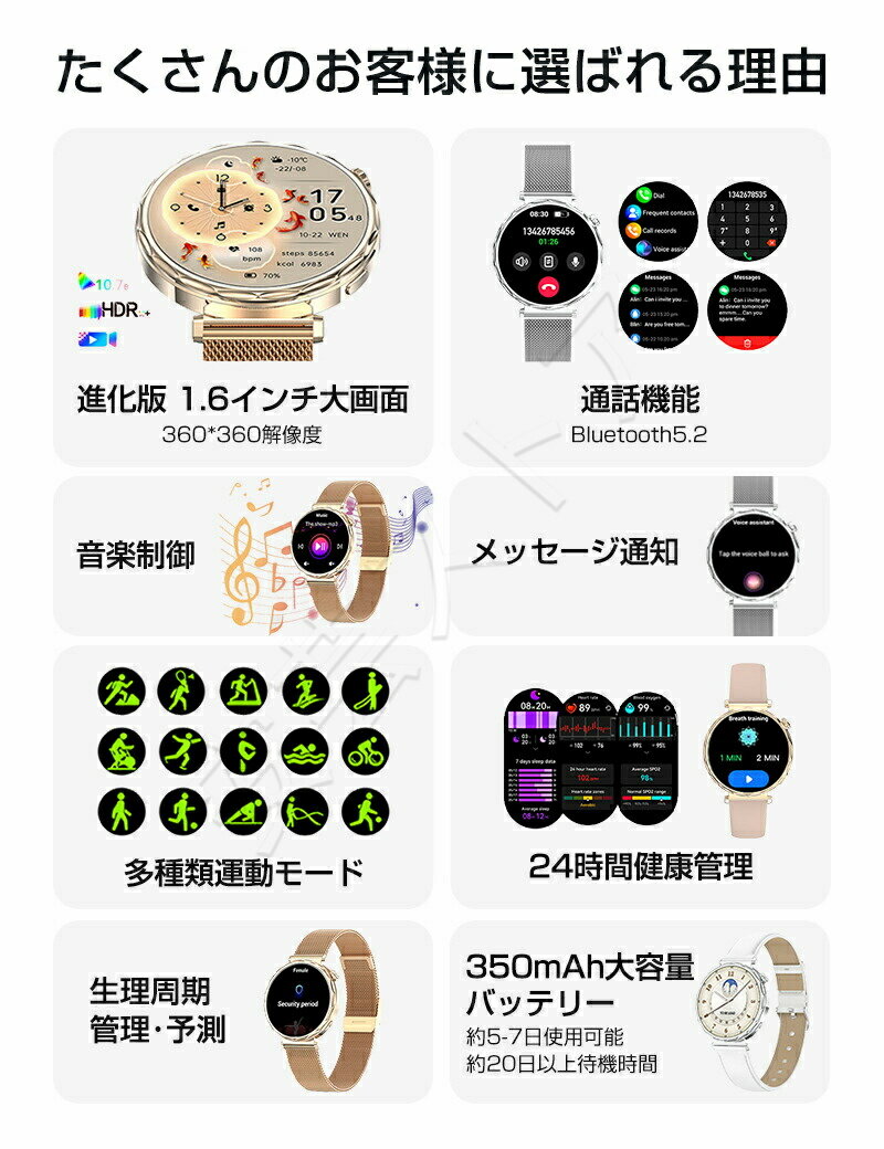 スマートウォッチ レディース「高級感満々＆超おしゃれ」 通話機能 レディース 腕時計 スマートブレスレット 日本語 日本製チップ ios android アラーム スポーツ腕時計 多機能 着信通知 生理周期管理 おしゃれ 腕時計 スマートウォッチ 彼女 母の日 プレゼント 送料無料