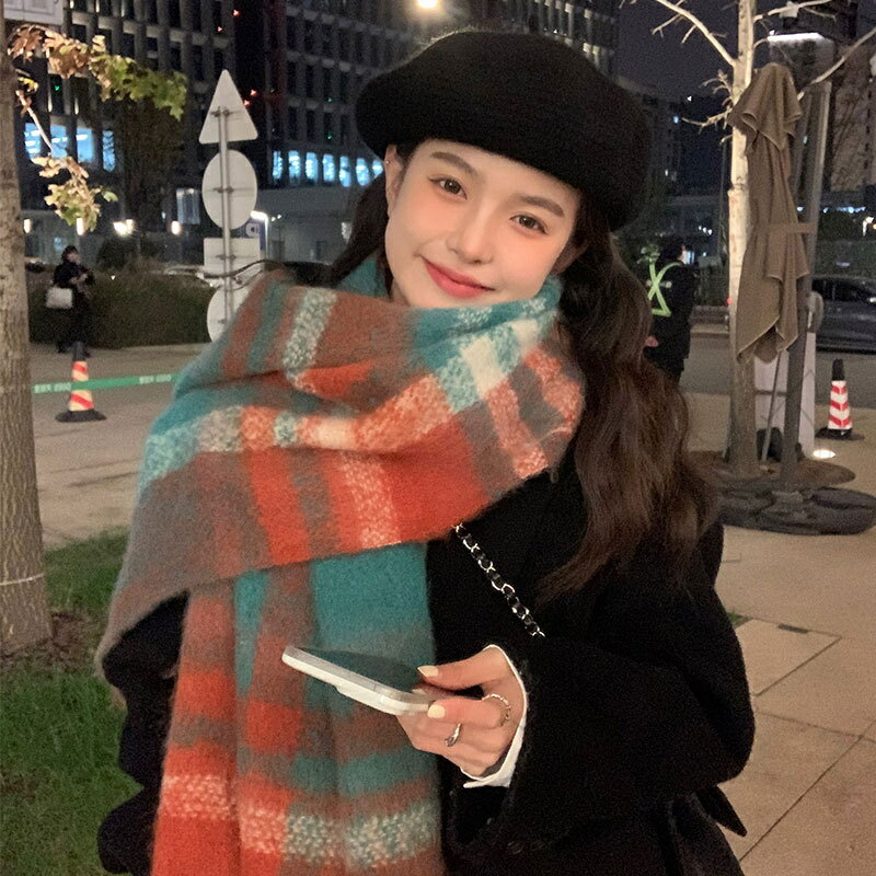 【送料無料】マフラー 冬 レディース グリーン モヘア スカーフ 韓国 チェック柄 暖かい 厚手 男性用 ハイエンド 学生 スカーフ ショール