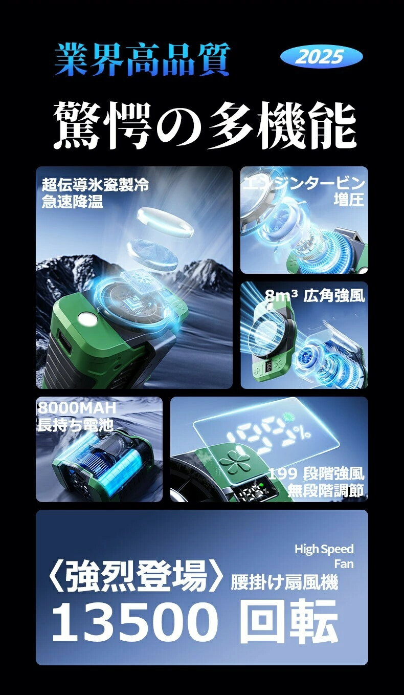 腰掛けエアコンファン ポータブルエアコン級 扇風機 腰掛 ベルトファン USB 腰掛けファン 8000mAh大容量 腰掛け扇風機 ベルトファン強力 腰掛け扇風機 2025年最新款 199段階風量 腰かけ 扇風機 首掛け扇風機 熱中症対策 小型 軽量 屋外作業 ベルトファン ハンディ扇風機