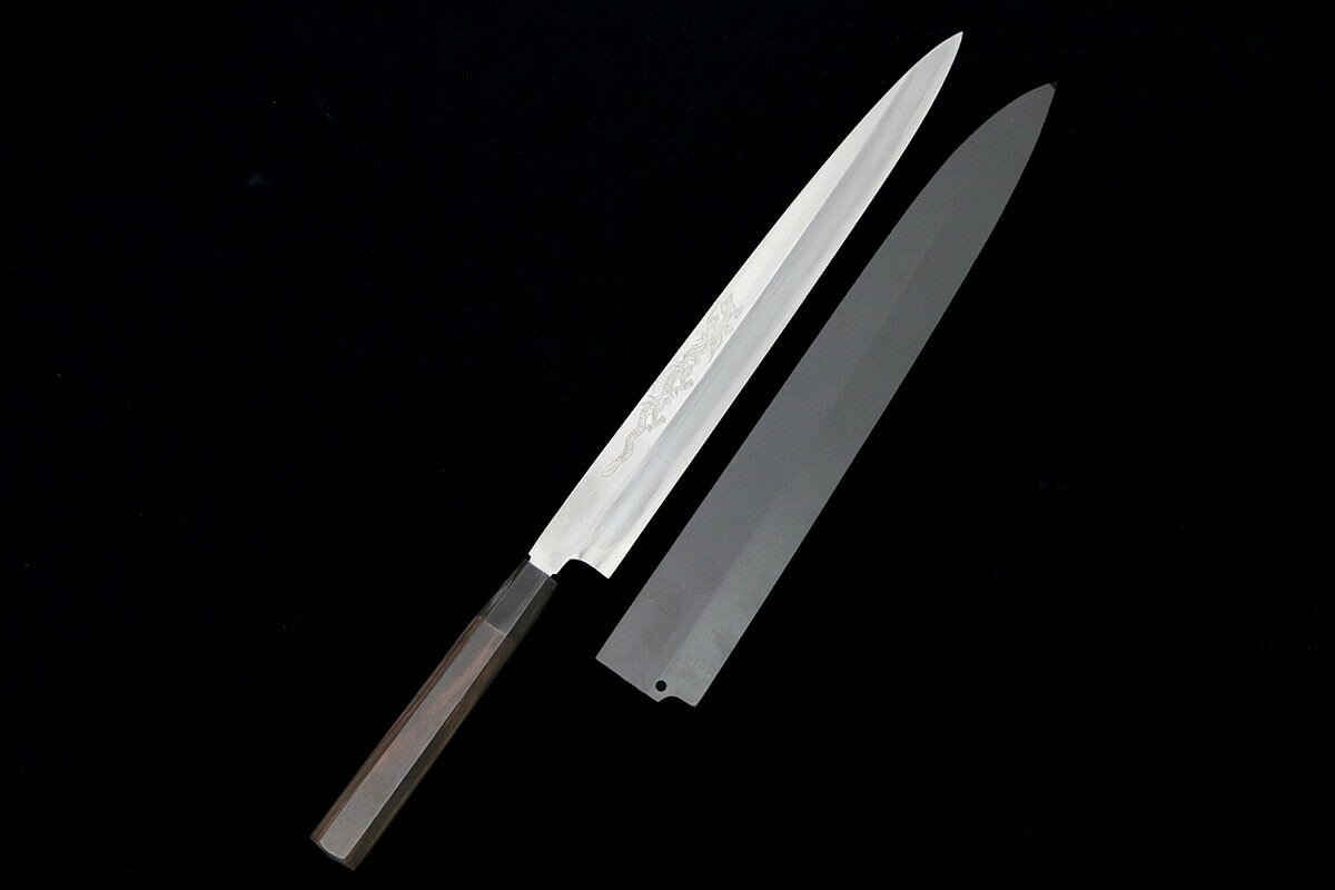 【中古】【極美品】堺孝行 柳刃包丁 霞 尺一 別誂 昇龍 黒檀柄 黒檀鞘付 KN02-B2199-2L4 堺孝行 柳刃包丁