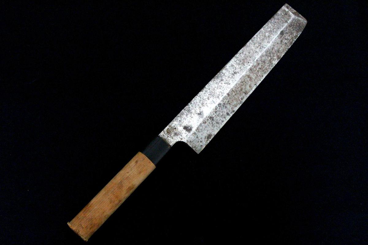 【中古】【並品】無銘 薄刃包丁 八寸 霞 青鋼 朴柄 λA5793-2L1B