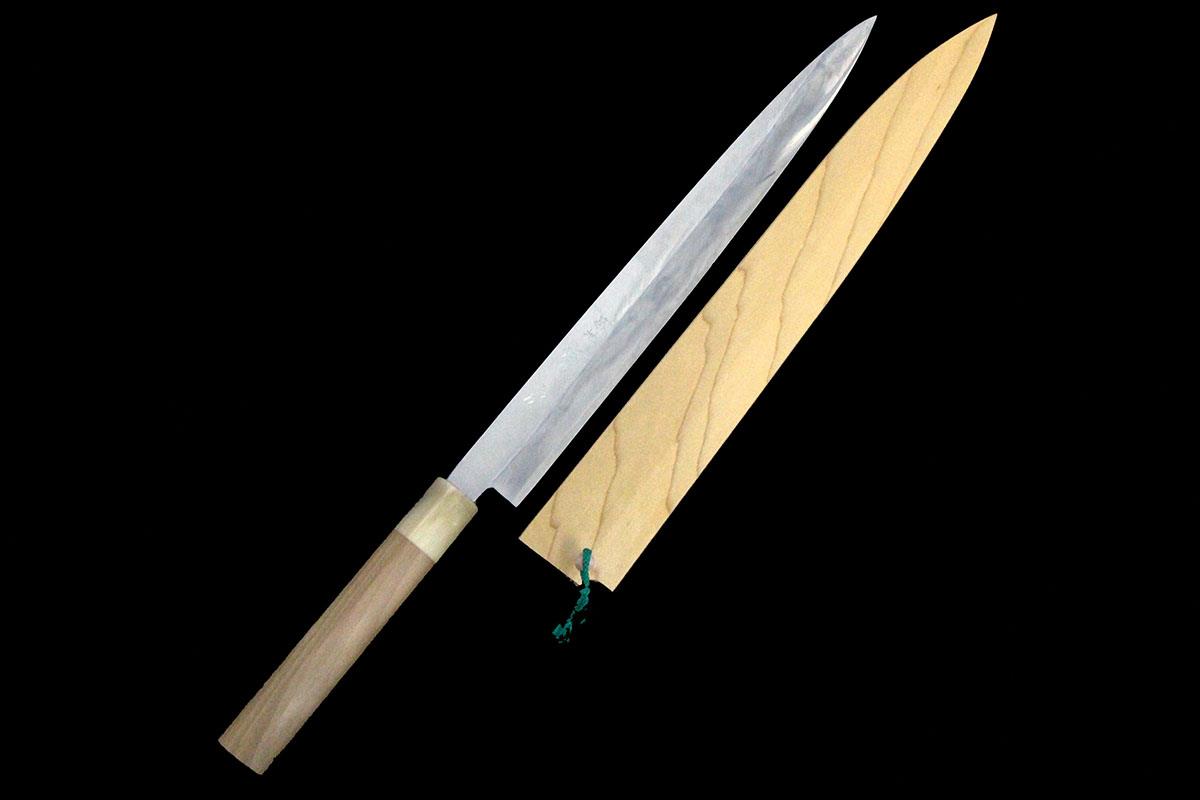 【中古】【美品】築地有次 柳刃包丁 霞 尺 銀三 朴柄 白鞘付 KN02-A9415-2L3C 刺身包丁 正夫 魚 柵 薄切 刃渡り長い 和包丁 中古