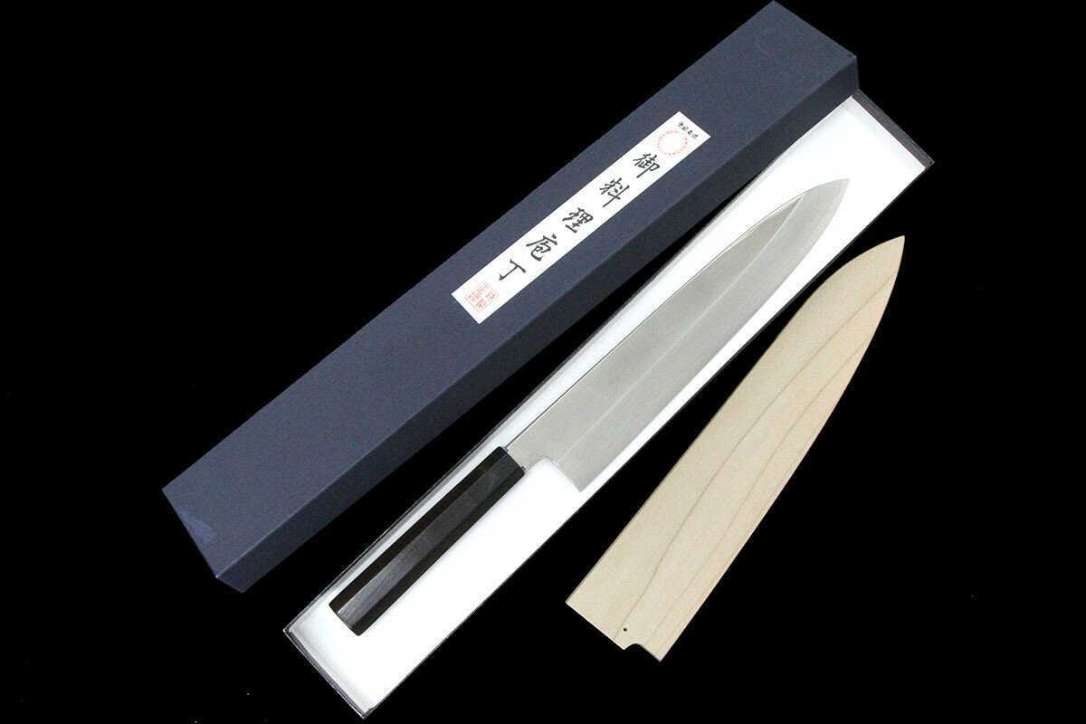 【中古】【未使用品】銘不明 和牛刀 和包丁 270mm V金10号 平鏡面 黒檀柄 白鞘・箱付 KN02-A11381-2L2B..