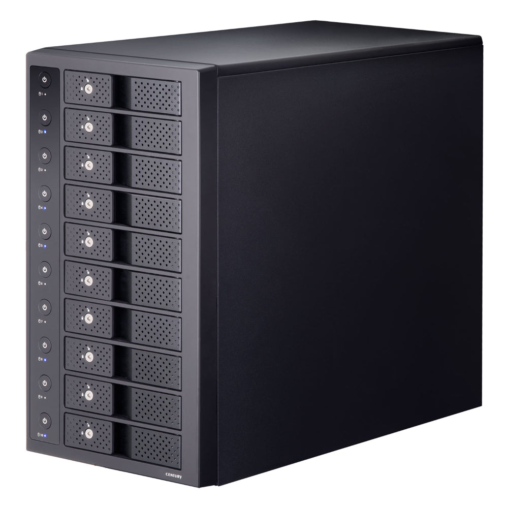 裸族のスカイタワー 10Bay USB10G IS 3.5インチSATA HDDを最大10台まで搭載できる大容量HDDケースです。高速転送が可能なUSB10Gbps（USB3.2 Gen2）インターフェイスを搭載し、複数のHDDを外付けストレージとしてPCに接続できます。各HDDの電源を個別にオン・オフできる独立電源スイッチを備え、PCの電源に連動してHDDや冷却ファンを制御する電源連動機能にも対応。工具不要の設計によりHDD1台あたりわずか10秒で簡単に組み込めるほか、付属の「裸族のインナー」により2.5インチSATA HDD/SSDも搭載可能です。フロントドアには剛性の高いアルミ素材を採用しています。※RAID機能は搭載していません。 最大10台の3.5インチSATA HDDを外付けでPCと接続ができるHDDケース 裸のHDDを組み込み、外付けドライブのようにUSBケーブルでPCと接続ができます。※RAID機能は搭載していません。※動作にはACケーブルの接続が必要です。※対応容量は2026年3月現在 工具不要でHDD1台を10秒で簡単組み込み設計 フロントドアを開けて、HDDを入れて閉めるだけの簡単組み込みが可能。 高速転送USB10Gbps(USB3.2 Gen2)インターフェイスを搭載 高速データ転送が可能なUSB10Gbpsインターフェイスを搭載。大容量データも高速転送が可能です。※弊社環境での実測値 SSD:WD Blue 250GB / Software:Crystal Disk Mark 8.0.4 独立電源スイッチ搭載 組み込んだHDDの電源を個別にオン・オフすることができます。※PC接続時にHDD/SSDの電源をオフにする際は必ずハードウェアの取り外し処理を行ってください。 フロントドアには剛性の高いアルミ素材を採用 PC電源連動機能搭載 PCの起動・終了に合わせて自動的にHDDと冷却ファンの回転を制御する電源連動機能を搭載。※電源ファンは停止しません。※お使いのPCによって本機能が動作しない場合があります。 「裸族のインナー」1個付属、2.5インチSATA HDD/SSDの組み込みにも対応 2.5インチ→3.5インチSATA変換アダプター「裸族のインナー」が1個付属。2.5インチSATA HDD/SSDに装着に装着することで本製品での使用が可能となります。 製品内容 仕様・詳細 製品名裸族のスカイタワー 10Bay USB10G IS 型番CRST1035U32CIS2 インターフェイス PC側：USB 10Gbps (USB3.2 Gen2) HDD接続側：SATA 3.0〜1.0(6G〜1.5Gbps) USBコネクタ形状Type-C Mac 対応OS：MacOS 14.4.1 / 13.6.5 / 12.7.4 / 11.7.10 / 10.15.7 / 10.14.6 本製品はOS起動には対応していません。 機種：USB4〜USB2.0インターフェイスポートを標準搭載したMac 増設インターフェイスカード経由での動作は保証対象外となります。 Windows 対応OS：Windows 11 / 10 Enterprise等の特定用途向けOSに起因するトラブルはサポート対象外となります。 Windows Updateにて最新の状態(ServicePack含む)にしてご使用ください。最新ではない環境での動作はサポート対象外となります。 機種：USB10Gbps〜USB2.0インターフェイスポートを搭載したWindows PC intelチップセット搭載モデル推奨。ドライバは最新のものをご使用ください。 対応HDD/SSD3.5インチSATA HDD【SATA 3.0〜1.0(6G〜1.5Gbps)】 本製品はSATA HDD専用です。PATA(IDE) HDDは接続できません。 32TBまでのHDDで動作確認を行っております（2026年3月現在）。弊社製品の容量別HDD対応状況もご確認ください。 出し入れの際、HDDに微細な傷がつく場合があります。あらかじめご了承ください。 HDDの形状によっては出し入れがしづらい場合があります。 2.5インチSATA HDD/SSD【SATA 3.0〜1.0(6G〜1.5Gbps)】 同梱品「裸族のインナー」を使用することで2.5インチSATA HDD/SSDが使用可能になります。 2台以上の2.5インチSATA HDD/SSDをご使用の場合は、別途「裸族のインナー」を必要台数分、お買い求めください。 冷却ファン仕様14cm 1,400rpm ±10% サイズ約 幅180 × 高さ330 × 奥行385mm（突起部含まず） 重量約 6.3kg 温度・湿度[温度] 5〜35℃・[湿度] 20〜80％（結露しないこと、接続するPCの動作範囲内である事） 電源仕様 入力：AC100V〜240V 出力：300W 保証1年間 本体の設置、移動について 本製品は「縦置き専用」です。横置きや逆向き、フロントドアを下にしての設置、使用はできません。 本製品にHDDを10台セットした場合、製品全体の重さが12kg前後となり、倒れたりすると非常に危険です。机の上などに設置する場合は机の耐荷重以内であることを必ずご確認ください。 設置後に本製品を移動する場合、HDDをすべて取り外してから移動するようにしてください。 HDDを取り外さず、セットしたままで移動する場合は、必ず2名以上で周囲に注意をしながら移動を行ってください。落下してけがの原因になることがあります。