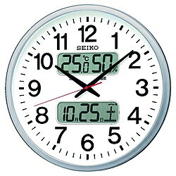 ■温湿度計・カレンダーもついたコチコチ音のしない電波掛け時計。本体サイズ(H×W×D) mm500×500×57本体重量3.2kg枠材質プラスチック枠（銀色メタリック塗装）精度平均月差±20秒使用電池単3形アルカリ乾電池×6個電池寿命約5年音量調節無鳴り止め機能有り光センサー鳴止め機能有時報機能無付属品石膏ボード用掛け金具付温湿度計・カレンダーもついたコチコチ音のしない電波掛け時計。