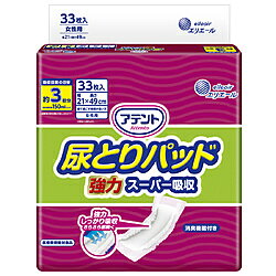 ※増量キャンペーンやパッケージリニューアル等で掲載画像とは異なる場合があります ※商品の仕様等は予告なく変更になる場合がございます ※開封後の返品や商品交換はお受けできません快適なつけ心地安心の長さ49cm。ズレ止めテープ付きなので動いてもズレにくく安心です。モレを防ぐ立体ギャザー体にしっかりフィットする立体ギャザーで尿をブロックします。さらさら感続く吸収体尿が逆戻りしにくく、お肌はさらさら快適です。消臭機能付き仕様1素材表面材：ポリオレフィン系不織布吸水材：綿状パルプ、吸収紙、高分子吸水材防水材：ポリエチレンフィルム止着材：スチレン系エラストマー合成樹脂材伸縮材：ポリウレタン結合材：スチレン系エラストマー合成樹脂材●外装材：ポリエチレン立体ギャザー採用でモレに強い、アテント尿とりパッド強力スーパー吸収女性用33枚