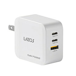 入力AC 100-240V～50/ 60Hz 1.5A　出力Type-C1・C2：(個別使用時) 5V-3A/ 9V-3A/ 12V-3A/ 15V-3A/ 20V-3.3A (66W Max)　(PPS)3.3-21V 3A　USB-A：5V-3A/9V-2A/12V-1.5A (18W Max)　Type-C1+C2出力: C1 45W +C2 20W (65W Max)　Type-C1+USB-A出力: 45W +18W (63W Max)　Type-C2+USB-A出力: 5V-3A（15W Max)Type-C1+【Type-C2+USB-A】: 45W+15W (60W Max)　保護回路 過電圧、過電流、過充電、短絡、過熱　プラグ折りたたみ式　認証PSE【注意】●ケーブルは付属しておりません。●本製品は製品の仕様上、すべてのUSB充電機器の組み合わせで使用できることを保証するものではございません。●急速充電に対応している機器であっても、合計出力が66Wを超える組み合わせは電力不足により急速充電できない場合がございます。●ご使用になる充電ケーブルがPD非対応の場合、PD方式充電は致しませんのでご注意ください。●火災や感電の原因となりますので、電源プラグは根元まで完全に差し込み、定期的に清掃してください。●プラグを抜き差しする際は無理に引っ張らず必ずコネクタ部分を持って抜き差ししてください。●周囲温度0~40℃の範囲内で使用してください。●直射日光の当たる場所や高温多湿、火のそばで使用、放置はしないでください。●充電時は本体が熱くなります。使用上の問題はありませんが、本体の上に可燃物等の物を置かないようにしてください。●ラジオ・テレビなどの雑音が入る時は、充電器をラジオ・テレビから遠ざけて下さい。●本製品に強い衝撃を与えないでください。●乳幼児が触れたり手の届くところに放置しないでください。●未使用時は、ケガや感電・漏電・火災を防ぐため主電源のコンセントから抜いてください。●万が一異常が発生した時はすぐに使用をやめてください。●本製品を使用した事による破損や損失等、その他のトラブルについては一切の保証を負いませんのであらかじめご了承下さい。●本製品のデザイン、仕様は改良などにより予告なしに変更する場合がございます。●商品のサイズ、重量はすべて実測ですので商品により多少の誤差がある場合がございます。【警告】発熱・発火・感電・傷害の恐れがありますので、次のことはしないでください。●家庭用AC電源以外の使用 　●端子をショートさせる分解や改造 　●湿気の多いところでの使用や水などの液体をかけたり濡れた手での使用本体サイズ(幅×高さ×奥行)mm約61×28.6×60mm本体重量約120gポート数3ポートGaN(窒化ガリウム) 採用GaN(窒化ガリウム) 採用●発熱を抑えられる次世代半導体技術「GaN」を採用　●手のひらサイズで旅行やビジネスにも最適　●最大66wの高出力　PCや携帯ゲーム機などを3台同時に充電可能