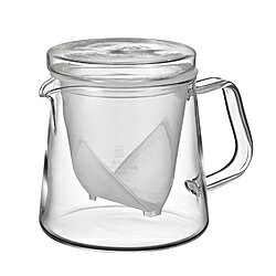 ■ストレーナーの底面がV型のため、お茶のおいしさを落としきることができます洗いやすい樹脂製のストレーナー。ストレーナーは足つきの形状なので、ポットから外しても自立します仕様1■本体サイズ：幅×奥行き×高さ（mm）：W142×D100×H107■本体重量：230g■実用容量：450mL ■材質：本体・フタ／耐熱ガラス、ストレーナフレーム／ポリプロピレン、メッシュ／ポリエステル底面がV型のストレーナー付き急須