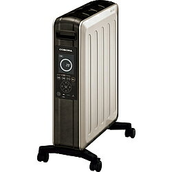 10年バックアップタイマー搭載！リチウム電池内蔵で、10年間時刻を記憶するため、電源プラグを抜いたり、停電後再通電した時など、時刻の再設定が不要です。本体操作部と同じボタンレイアウトのリモコン。熱伝導率の高いアルミの特性を活かした高密着FIXALヒーター。こだわりの安全・安心設計。（チャイルドロック・キャスターロック・センサープラグ）オイルを使用しないから軽い。4輪キャスター付だからラクラク移動。コロナ独自の『プログラムタイマー』で平日と休日など3パターンの設定が可能。運転をスタートしたい時間を設定するだけの簡単な『入タイマー』。ecoキーを押すとワンタッチで省エネ運転。3年保証。フロアLED搭載で運転ON／OFFにかかわらずお部屋の電気を消しても優しい明るさ（5段階）で足もとを照らすことができます。就寝中の暗い部屋も優しい明かりで照らします。間接照明としても使えます。健康な暮らしはクリーンで上質な空間から。肌やのどにもやさしい暖房です。輻射や対流によって暖めるので、温風暖房機と比べて、乾燥しにくく、お肌やのどにもやさしい暖房機です。風が出ないので、乾燥やハウスダストの巻き上げを抑えます。ニオイが出ないので、お部屋の空気はいつもさわやか。ノイルヒートはお掃除がかんたんで、フィルター交換や内部の清掃は不要です。本体サイズ（高さ×幅×奥行）高さ621×幅270×奥行469mm本体重量11.3kg適応畳数10畳～13畳フィン枚数1枚パネル形状表面温度約60℃タイマー24時間プログラムタイマー安全機能転倒OFFスイッチ、過熱防止装置、チャイルドロックコードの長さ(m)2.5m消費電力1500～300W仕様1フロアLED搭載仕様2センサープラグ仕様3キャスターロックオイルレスヒーター NOIL HEAT（ノイルヒート）