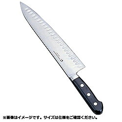 画像はイメージの場合があります。あらかじめご了承ください。刃面に楕円状のくぼみが付けられた、堺 菊守 サーモン型包丁シリーズ「牛刀」■包丁の仕様・形状：牛刀（洋刃）型・刃型：両刃・刃渡りサイズ：30cm■ディンプル（くぼみ）仕様　食材と包丁との間に空気層を取り込むため、食材が引っ付きにくくなり切り離れがよいので使いやすいです。■アゴの部分を斜めに丸くカット　握りやすさを高め、疲れにくくなっています。　※個人差があります。あらかじめご了承ください。■サーモン型包丁シリーズ（2021年4月時点取り扱い）・ペティーサーモン（12、15cm）・牛刀サーモン（21、24、27、30cm）・筋引サーモン（24、27cm）※数字は刃渡りサイズです。仕様1包丁の種類：サーモン型仕様2柄色：黒色系疲れにくくフィットする、使いやすさを追求した堺菊守の牛刀サーモン包丁。アゴの部分は斜めに丸くカットされ、両面に楕円状のくぼみがあります。