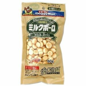 ・ミルク風味のおいしい生地に排便臭を抑える便臭吸着成分入り。・高齢犬や室内飼育の愛犬のおやつに。・おなかの健康維持に役立つオリゴ糖に加えて、骨や筋肉の維持に欠かせないカルシウムもプラス。愛犬の体を守るやさしいボーロ。・サクサクした軽めの口当たりなので、噛む力の弱い小型犬や幼犬のおやつにも。【原材料】馬鈴薯澱粉、水飴、砂糖、小麦粉、卵、オリゴ糖、液糖、脱脂粉乳、ミネラル類(カルシウム)、シャンピニオンエキス、膨張剤【保証成分】粗たん白質1.2%以上、粗脂肪1.5%以上、粗繊維0.1%以下、粗灰分0.6%以下、水分7%以下【エネルギー】380Kcal/100g【給与方法】【1日の目安給与量】幼犬・超小型成犬(体重5kg以下):15粒まで、小型成犬(体重5〜11kg):30粒まで、中型犬(体重11〜23kg):60粒まで、大型犬(体重23〜40kg):1袋【賞味期限（製造日から。メーカー保管期間含む）】12ヶ月【原産国または製造地】日本【諸注意】・ペットフードとしての用途をお守りください。・記載表示を参考に与えすぎないようご注意ください。・生後2ヶ月未満の幼犬には与えないでください。・商品パッケージの「注意」及び「与え方」を必ずお読みください。・幼児や子供、ペットの触れない場所で保存してください。・子供がペットに与えるときは、安全のため大人が立ち会ってください。・ペットが興奮したりしないよう、落ち着いた環境で与えてください。・ペットの体調が悪くなったときは、獣医師に相談してください。【広告文責】ハーマンズ株式会社03-3526-5222【製造販売元】ドギーマンハヤシ【商品区分】犬用スナックペットフード(食品)賞味(消費)期限について最新の賞味(消費)期限でのお届けが出来るように、ご注文分を都度メーカーや問屋から最新在庫を取寄せし出荷しています。賞味(消費)期限のお問い合わせや指定はこのような都合上お受け致しかねております。また商品によってはメーカーにより期限の設定が無い場合がございます。