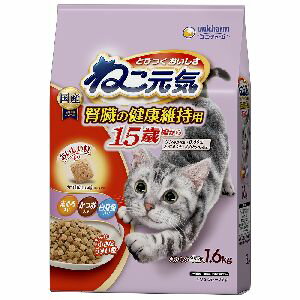 ●おいしさと栄養バランスを考えたキャットフード(ドライタイプ)です。タイプ:ドライフード機能:総合栄養食ライフステージ:15歳〜の高齢猫内容量:1.6kg(400g×4袋)原材料 穀類(トウモロコシ、コーングルテンミール)、肉類(ポークミール、ビーフミール、チキンエキスパウダー等)、動物性油脂、魚介類(フィッシュミール、フィッシュエキスパウダー、マグロミール、白身魚ミール、カツオミール等)、糖類(オリゴ糖)、酵母エキスパウダー、ミネラル類(カルシウム、塩素、コバルト、銅、鉄、ヨウ素、カリウム、マンガン、亜鉛)、ビタミン類(A、B1、B2、B6、B12、C、D、E、K、コリン、ナイアシン、パントテン酸、ビオチン、葉酸)、アミノ酸類(タウリン、メチオニン)、着色料(赤色102号、赤色106号、黄色4号、黄色5号)、酸化防止剤(ミックストコフェロール、ハーブエキス)保証成分 タンパク質:30.0%以上、脂質:10.0%以上、粗繊維:3.0%以下、粗灰分:8.0%以下、水分:10.0%以下、 ビタミンA:15000IU/kg以上、ビタミンB1:16.0mg/kg以上、ビタミンB2:16.0mg/kg以上、ビタミンB6:16.0mg/kg以上、ビタミンB12:0.14mg/kg以上、ビタミンE:380IU/kg以上カルシウム:0.65%、ナトリウム:0.40%、リン:0.60%、マグネシウム:0.09%、カリウム:0.70%カロリー:360kcal/100g【広告文責】ハーマンズ株式会社03-3526-5222【製造販売元】ユニ・チャーム【生産国】日本【商品区分】ペット用品ペットフード(食品)賞味(消費)期限について最新の賞味(消費)期限でのお届けが出来るように、ご注文分を都度メーカーや問屋から最新在庫を取寄せし出荷しています。賞味(消費)期限のお問い合わせや指定はこのような都合上お受け致しかねております。また商品によってはメーカーにより期限の設定が無い場合がございます。