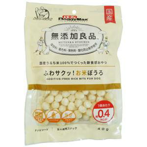 保存料、着色料、発色剤、酸化防止剤を使わずに作りました。国産うるち米100％の、ふわふわサクサクッの新食感グルテンフリーおやつ。調味料や添加物不使用。さらにノンフライで、1個あたり約0.4kcalなので、ちょっとしたしつけやごうほうび用おやつにも最適です。【原材料】うるち米【保証成分】粗たん白質3.5％以上、粗脂肪0.1％以下、粗繊維1.5％以下、粗灰分2％以下、水分15.0％以下【エネルギー】390kcal/100g【1日の目安給与量】幼犬・超小型成犬(5kg以下)：〜30個小型成犬(5〜11kg)：30〜60個中型成犬(11〜23kg)：60〜90個大型成犬(23〜40kg)：90〜120個・目安給与量を参考に1日1〜数回に分け、おやつとして与えてください。【賞味期限（製造日から。メーカー保管期間含む）】12ヶ月【原産国または製造地】日本【広告文責】ハーマンズ株式会社03-3526-5222【製造販売元】ドギーマンハヤシ 株式会社【商品区分】犬用スナックペットフード(食品)賞味(消費)期限について最新の賞味(消費)期限でのお届けが出来るように、ご注文分を都度メーカーや問屋から最新在庫を取寄せし出荷しています。賞味(消費)期限のお問い合わせや指定はこのような都合上お受け致しかねております。また商品によってはメーカーにより期限の設定が無い場合がございます。