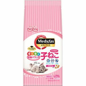 育ちざかりの子ねこにカルシウム強化(1歳から比約140%)。おなかの善玉菌の乳酸菌を増やすフラクトオリゴ糖配合。子ねこが食べやすい小粒サイズ。尿pH設計値6.3〜6.6マグネシウム含有量0.09%(標準値)【原材料】穀類(とうもろこし、コーングルテンミール)、肉類(ミートミール、チキンミール、チキンレバーパウダー)、豆類(おから)、油脂類(動物性油脂)、魚介類(フィッシュミール:DHA・EPA源、フィッシュエキス)、糖類(フラクトオリゴ糖)、卵類(ヨード卵粉末)、シャンピニオンエキス、ビタミン類(A、D3、E、K3、B1、B2、パントテン酸、ナイアシン、B6、葉酸、ビオチン、B12、コリン、イノシトール)、ミネラル類(カルシウム、リン、ナトリウム、カリウム、塩素、鉄、コバルト、銅、マンガン、亜鉛、ヨウ素)、アミノ酸類(メチオニン、トリプトファン、タウリン)、酸化防止剤(ローズマリー抽出物、ミックストコフェロール)【保証成分】たんぱく質32.5%以上、脂質12.0%以上、粗繊維4.0%以下、灰分9.0%以下、水分10.0%以下、カルシウム1.0%(標準値)、リン0.8%(標準値)、ナトリウム0.4%(標準値)、マグネシウム0.09%(標準値)、尿pH設計値6.3〜6.6【エネルギー】約390kcal/100g【給与方法】・与える量はパッケージ記載の表を目安に与えてください。1日2回以上与える場合は、「与える量」を与える回数で割った量が1回分です。・与える量は、種類、年齢、性別、運動量、季節などのよって変わります。愛猫の状態により調整してください。・1歳以上の猫には、メディファス1歳からをおすすめします。【保管方法】・直射日光のあたる場所、湿気の多い場所を避け、涼しく風通しの良い場所に、虫などが入らないように気をつけて保存してください。・開封後は早めに使い切ってください。・乳幼児の手の届かないところに保管してください。【賞味期限】18ヶ月【原産国または製造地】日本【諸注意】・この製品は猫専用です。他の動物には与えないでください。・この製品は治療を目的とした療法食ではありません。・天然の原材料を使用していますので、粒の色調に差異がある場合があります。また一粒ずつの猫の大好きな天然エキスをコーティングしていますので、粒の表面に多少の色ムラができることがありますが、品質上問題はありません。・消化をよくするために膨化加工をしていますので、粒の表面に穴があいたり、形状や大きさにバラつきが生じることがありますが、品質上問題はありません。安心してご使用ください。【広告文責】ハーマンズ株式会社03-3526-5222【製造販売元】ペットライン株式会社【商品区分】猫用フードペットフード(食品)賞味(消費)期限について最新の賞味(消費)期限でのお届けが出来るように、ご注文分を都度メーカーや問屋から最新在庫を取寄せし出荷しています。賞味(消費)期限のお問い合わせや指定はこのような都合上お受け致しかねております。また商品によってはメーカーにより期限の設定が無い場合がございます。