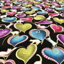 送料無料！！BENARTEX USA1003 Hearts and Cats Black/Multi 100cm×110cm幅 輸入生地 USAコットン 直送 代引不可 北海道沖縄離島不可