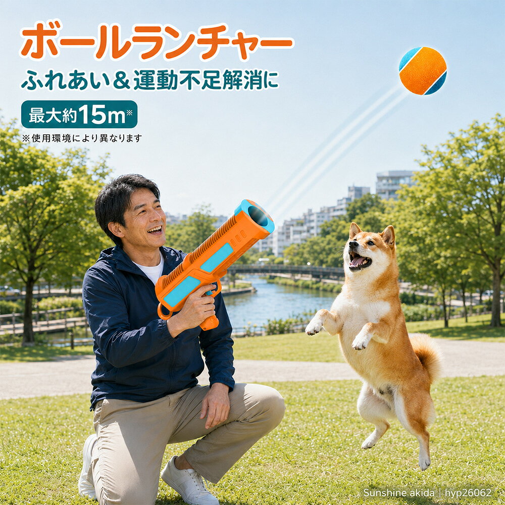 愛犬とのボール遊びを、もっと楽しく軽やかに AFP 犬用ボールランチャー 遠くへ飛ばして、思いきり走れる！ 公園やドッグランでの「取ってこい遊び」を、より手軽に楽しめる手動式ボールランチャーです。 最大約15mのロングショットで、愛犬の運動不足やストレス発散をサポートします。 ボールを本体にセットし、斜め上へ向けてトリガーを引くだけ。 飼い主さまと愛犬の楽しいふれあい時間におすすめです。 おすすめポイント ● 最大約15mのロングショット 広い場所で愛犬が思いきり走れる、楽しいボール遊びをサポートします。 ※飛距離は使用するボール、操作方法、角度、風などの環境により異なります。 ● 手を汚しにくいハンドランチャー 地面に落ちたボールを毎回直接手で拾わずに、ランチャーへ装填して遊べます。 泥や愛犬のよだれが気になる方にもおすすめです。 ● 電池不要の手動式 電池や充電を使わないシンプルな手動タイプ。屋外へ持ち出して手軽に遊べます。 ● 運動不足・ストレス発散に 走ることが好きな愛犬との「取ってこい遊び」に。飼い主さまとのコミュニケーションにも役立ちます。 ● 選べる2タイプ 遊び方や必要なボールの数に合わせて、Aタイプ・Bタイプからお選びいただけます。 セット内容 Aタイプ ボールランチャー本体×1 専用ボール×3 Bタイプ ボールランチャー本体×1 専用ボール×3 黄色テニスボール×2 ※タイプによって付属品が異なります。ご注文の際は、必ず選択内容をご確認ください。 かんたん3ステップ 1． ボールを発射口へセットします。 2． 本体後部を操作し、発射の準備をします。 3． 周囲の安全を確認し、斜め上へ向けてトリガーを引きます。 商品仕様 ブランド AFP（All For Paws） 商品名 犬用ボールランチャー サイズ 約40×22×10cm 重量 約630g 本体材質 ABS樹脂 飛距離 最大約15m 使用方式 手動式・電池不要 ※サイズ・重量は測定方法や製造時期により多少の誤差が生じる場合があります。 ※最大飛距離は目安です。使用条件やボールの種類により異なります。 安全にお使いいただくために ● 本商品は犬用のボール遊び用品です。本来の用途以外には使用しないでください。 ● 必ず屋外の広く安全な場所で、周囲に人・動物・車・建物などがないことを確認してからご使用ください。 ● 人や動物の顔、身体、車、窓ガラスなどに向けて発射しないでください。 ● 小さなお子さまだけで使用させないでください。必ず保護者が管理してください。 ● ボールを愛犬に与えたまま放置せず、飼い主さまの目の届く範囲で遊ばせてください。 ● 使用前に本体やボールの状態を確認し、破損や著しい変形がある場合は使用を中止してください。 ● ボールの誤飲が心配な体格の愛犬には使用しないでください。 sunshine akida 店長より 愛犬との毎日のお散歩や外遊びを、もう少し楽しくできる商品をお届けしたい。 そんな思いから、手軽にボール遊びを楽しめるランチャーをご用意いたしました。 元気いっぱいの愛犬の運動不足や気分転換に、飼い主さまとのふれあいの時間に、ぜひお役立てください。 商品についてご不明な点や気になることがございましたら、どうぞお気軽に当店までご相談ください。 Sunshine akida　商品番号：hyp26062愛犬とのボール遊びを、もっと遠く、もっと楽しく。 AFP 犬用ボールランチャー 最大約15mのロングショット 電池不要の手動式で、公園やドッグランでも手軽にボール遊び。 愛犬の運動不足やストレス発散、飼い主さまとのふれあいにおすすめです。 ● 手を汚しにくいボールランチャー ● 最大約15mの遠投に対応 ● 電池・充電不要の手動式 ● 運動不足や気分転換をサポート ● A・Bから選べる2タイプ 【Aタイプ】 本体×1＋専用ボール×3 【Bタイプ】 本体×1＋専用ボール×3＋黄色テニスボール×2 サイズ：約40×22×10cm 重量：約630g 材質：ABS樹脂 ※最大飛距離は使用条件やボールの種類により異なります。 ※広く安全な場所で、周囲を十分に確認してご使用ください。 ※人や動物の顔、車、建物などに向けて発射しないでください。 Sunshine akida　商品番号：hyp26062