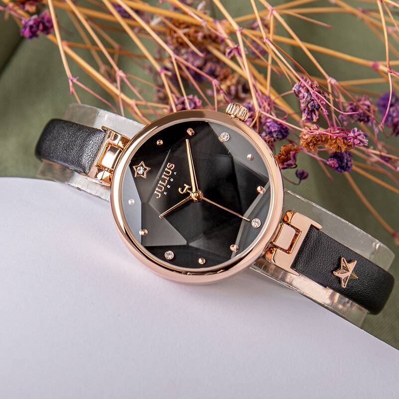 JULIUS AF-1230 Sirius レディース腕時計 復刻モデル 五芒星ガラスカット MIYOTA2035 Gold 3気圧防水 革ベルト 母の日ギフト