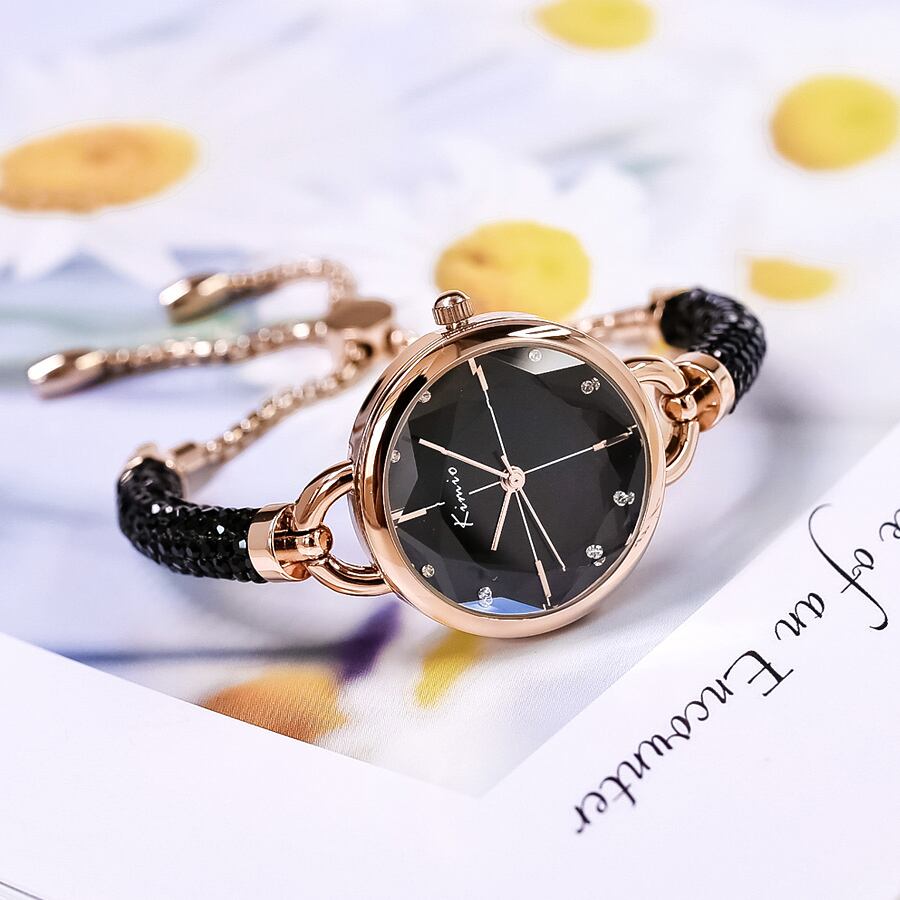 Kimio AF-6328(Black) 레이디스 손목시계 슬라이드 체인 조정 유리 컷 일본제 무브먼트 탑재 3 기압 방수 어머니의 날 선물