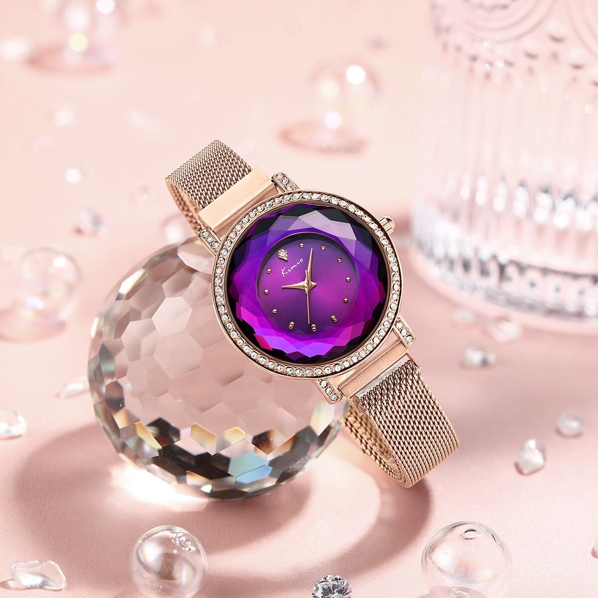Kimio AF-6371 여성 시계 메쉬 벨트 큰 문자판 34mm 반짝이 품위 귀여운 팔찌 시계 세련된