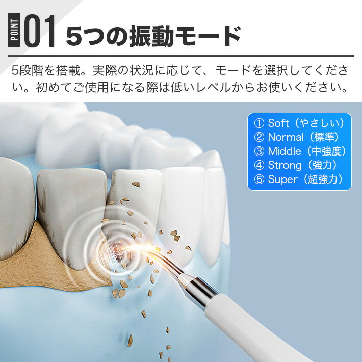 超音波歯クリーナー 口腔洗浄器 5モード調整可能 USB充電式 内蔵LEDライト照明 携...