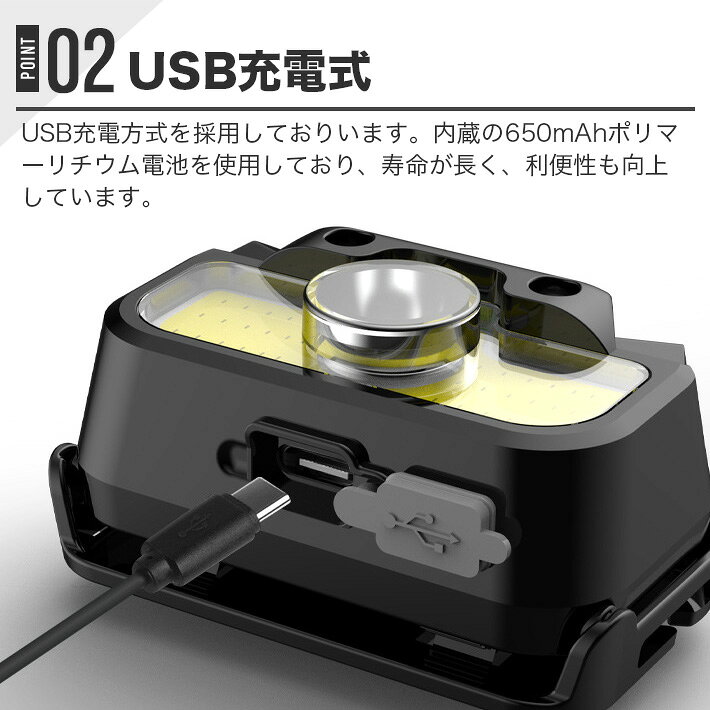 アキラストアの進化版XPG LED COBLED ヘッドライト 7モード調光 充電式ヘッドランプ 電池インジケーター センサー機能 SOS機能 350ルーメン iPX67防水 52g 軽量 充電インジケータ TYPE-C 充電 黒｜アングル3