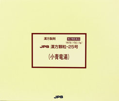 【第2類医薬品】　小青竜湯　180包　JPS漢方顆粒-25号 商品説明 小青竜湯は水分代謝を整える作用がありますので、うすい水様の痰を伴う咳や鼻水・ゼエゼエという気管支ぜんそくなどの症状に適しております。 効能・効果 体力中等度又はやや虚弱で、うすい水様のたんを伴うせきや鼻水が出るものの次の諸症：気管支炎、気管支ぜんそく、鼻炎、アレルギー性鼻炎、むくみ、感冒、花粉症 用法・用量 次の量を食前又は食間に水又はお湯にて服用してください。　　年　齢　　　　　　　　1回量　　　　　1日服用回数　　成人（15才以上）　　　　1包　　　　　3回　　7才以上15才未満　　2／3包　　　　　3回　　4才以上7才未満　　　1／2包　　　　　3回　　2才以上4才未満　　　1／3包　　　　　3回　　2才未満　　　　　　　1／4包　　　　　3回（1）小児に服用させる場合には、保護者の指導監督のもとに服用させてください。（2）1才未満の乳児には、医師の診療を受けさせることを優先し、止むを得ない場合にのみ服用させてください。（3）食間とは食後2〜3時間を指します。 成分・分量 3包（7．5g）中小青竜湯エキス（4／5量）4．0gを含有しています。マオウ　・・・・・・　2．4g　　　シャクヤク　・・・・　2．4gカンキョウ　・・・・　2．4g　　　カンゾウ　・・・・・　2．4gケイヒ　　・・・・・　2．4g　　　サイシン　・・・・・　2．4gゴミシ　・・・・・・　2．4g　　　ハンゲ　・・・・・・　4．8g上記生薬量に相当しますステアリン酸マグネシウム，乳糖水和物 使用上注意 ■してはいけないこと（守らないと現在の症状が悪化したり、副作用が起こりやすくなります）次の人は服用しないでください生後3ヵ月未満の乳児。■相談すること1．次の人は服用前に医師、薬剤師又は登録販売者に相談してください　（1）医師の治療を受けている人。　（2）妊婦又は妊娠していると思われる人。　（3）体の虚弱な人（体力の衰えている人、体の弱い人）。　（4）胃腸の弱い人。　（5）発汗傾向の著しい人。　（6）高齢者。　（7）今までに薬などにより発疹・発赤、かゆみ等を起こしたことがある人。　（8）次の症状のある人。　　　　　むくみ、排尿困難　（9）次の診断を受けた人。　　　　　高血圧、心臓病、腎臓病、甲状腺機能障害2．服用後、次の症状があらわれた場合は副作用の可能性がありますので、直ちに服用を中止し、この添付文書を持って医師、薬剤師又は登録販売者に相談してください［関係部位：症状］皮膚：発疹・発赤、かゆみ消化器：吐き気、食欲不振、胃部不快感まれに下記の重篤な症状が起こることがあります。その場合は直ちに医師の診療を受けてください。［症状の名称：症状］間質性肺炎：階段を上ったり、少し無理をしたりすると息切れがする・息苦しくなる、空せき、発熱等がみられ、これらが急にあらわれたり、持続したりする。偽アルドステロン症、ミオパチー：手足のだるさ、しびれ、つっぱり感やこわばりに加えて、脱力感、筋肉痛があらわれ、徐々に強くなる。肝機能障害：全身のだるさ、黄疸（皮ふや白目が黄色くなる）等があらわれる。発熱、かゆみ、発疹、黄疸（皮膚や白目が黄色くなる）、褐色尿、全身のだるさ、食欲不振等があらわれる。3．1ヵ月位（感冒に服用する場合には5〜6日間）服用しても症状がよくならない場合は服用を中止し、この添付文書を持って医師、薬剤師又は登録販売者に相談してください4．長期連用する場合には、医師、薬剤師又は登録販売者に相談してください 保管及び取扱い上の注意 （1）直射日光の当たらない湿気の少ない涼しい所に保管してください。（2）小児の手の届かない所に保管してください。（3）他の容器に入れ替えないでください。（誤用の原因になったり品質が変わることがあります。）（4）本剤は吸湿性が高いので、1包を分割した残りを服用する場合には、袋の口を折り返してテープ等で封をし、なるべく1日以内に服用してください。（開封状態で置いておくと顆粒が変色することがあります。変色した場合は、服用しないでください。）（5）本剤は生薬（薬用の草根木皮等）を原料として使用していますので、製品により色調等が異なることがありますが、効能・効果にはかわりありません。（6）使用期限を過ぎた製品は服用しないでください。 製造販売元 ジェーピーエス製薬株式会社栃木県芳賀群芳賀町芳賀台196-1お客様相談室　045（593）2136 リスク区分 第2類医薬品 使用期限 使用期限まで6ヶ月以上あるものをお送りします。 医薬品販売に関する記載事項