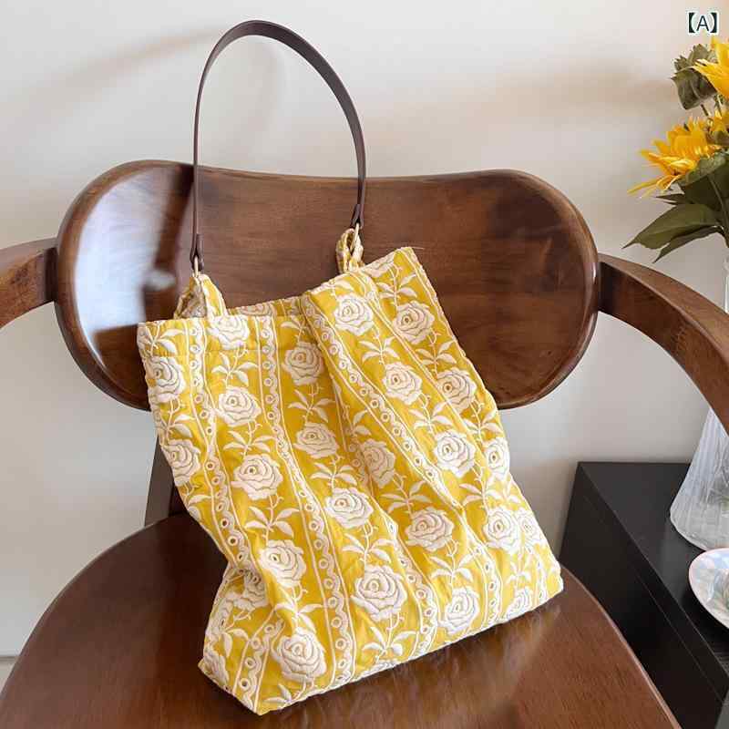 バッグ イエローローズ 花柄 丁寧な刺繍 コットン ショルダーバッグ トートバッグ スクエア ミドルサイズ レトロ レザーコード 普段使い 欧米風