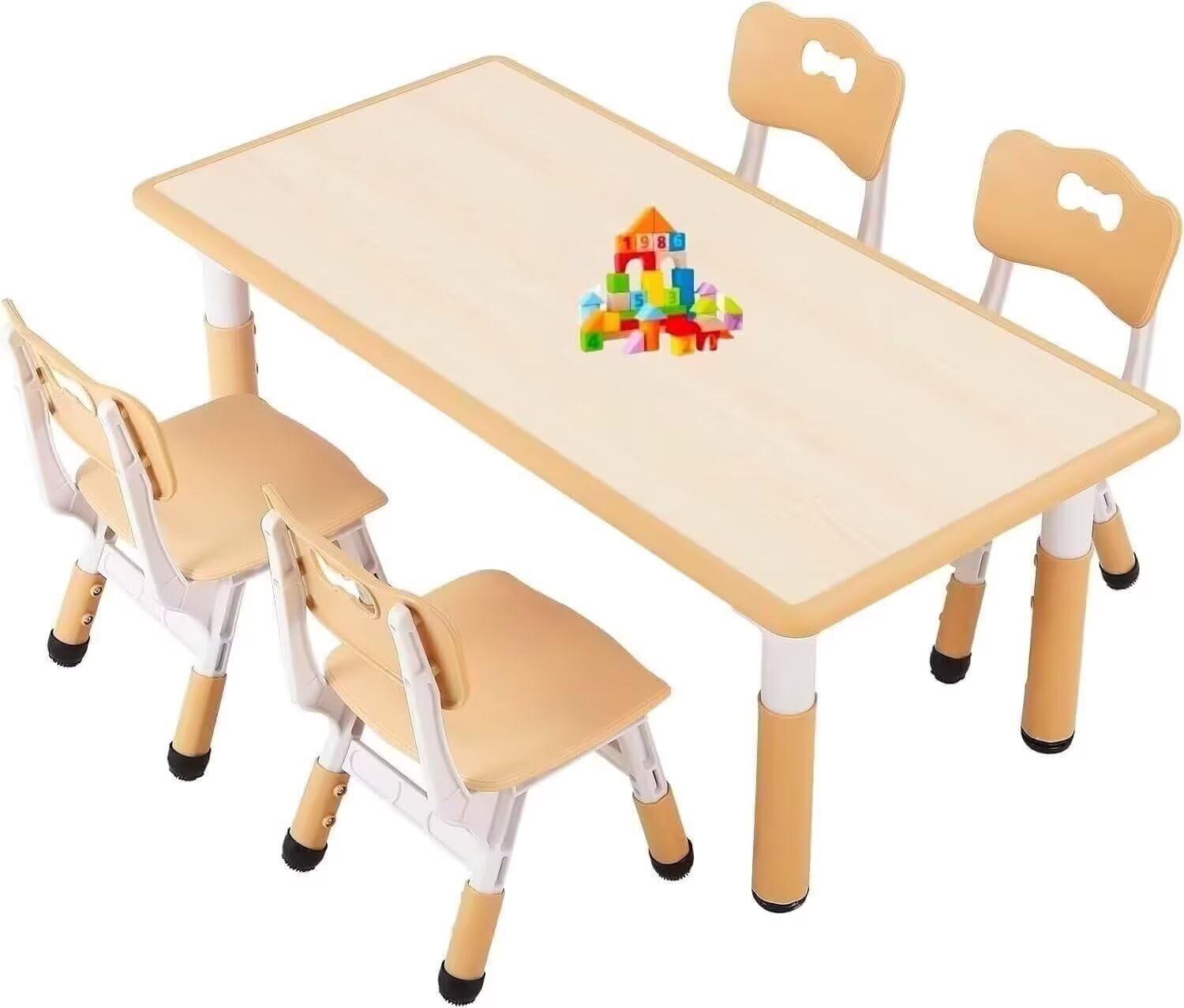 2〜8歳 子供用テーブル＆4チェア 高さ調節可能 学習 お絵描き 食事 遊び 多用途 子ども机 幼稚園 保育園 家庭用 木色 120×60×59.3cm 丈夫耐荷重200KG