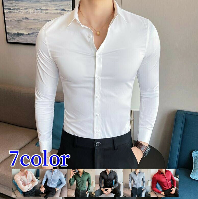 Rakuten - 大きいサイズ M~5XL ワイシャツ カジュアルシャツ メンズ 長袖 トップス Yシャツ ノーアイロン カッターシャツ 形態安定 ストレッチ かっこいい 無地 フォーマル 紳士服 スリムシャツ