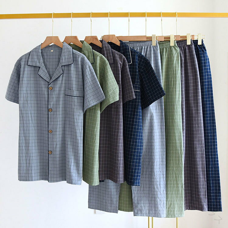 Pijamas de verano de manga corta para hombre Ropa de habitación a cuadros Configuración superior e inferior Cuello en V Apertura frontal Primavera Verano Ropa de noche ligera de gran tamaño Regalos Cómoda hospitalización de enfermería Día del Padre — vista 2