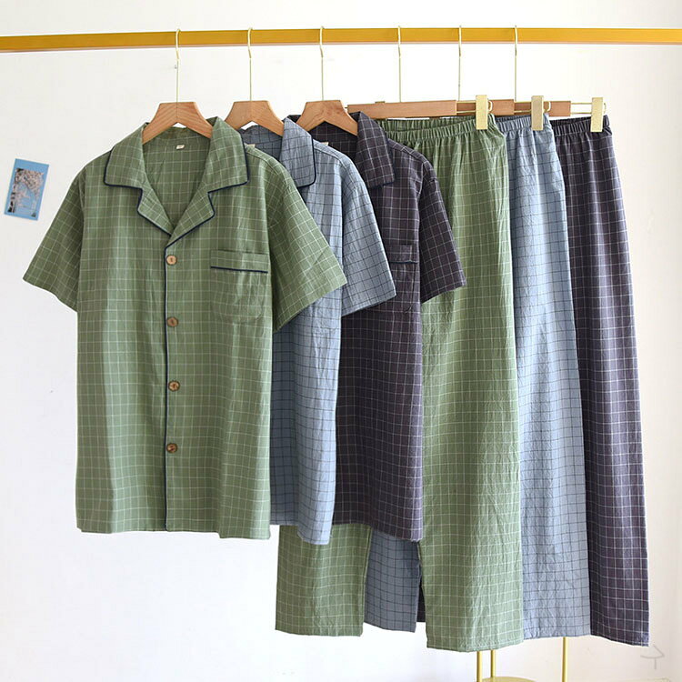 Pijamas de verano de manga corta para hombre Ropa de habitación a cuadros Configuración superior e inferior Cuello en V Apertura frontal Primavera Verano Ropa de noche ligera de gran tamaño Regalos Cómoda hospitalización de enfermería Día del Padre — vista 3