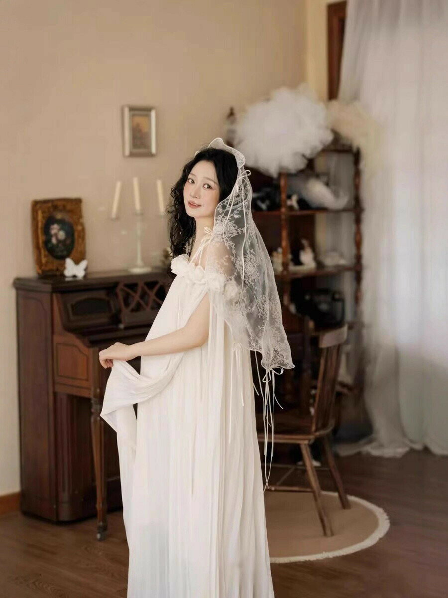 マタニティフォト 衣装 ドレス プリーツ オフショルダー 花モチーフ ロング 白 妊...