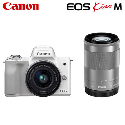 Canon キヤノン ミラーレス一眼カメラ EOS Kiss M ダブルズームキット EOSKissM-WZK-WH ホワイト【送料無料】【KK9N0D18P】