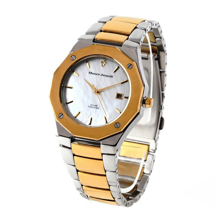 安心梱包についてこちらの商品は通常梱包となります。安心梱包は別途、下記ご注文ページより商品と一緒にご注文下さい。■高級かつ使いやすい安定感のあるデザインを中心に、イタリアをイメージした精鋭ブランド、マウロ・ジェラルディ(Mauro Jerardi)。■デザインは定番かつ高級感があり、使いやすいモデルばかりです。日本製のムーブメントを使用しているため品質面も安心です。■電池交換不要な高機能ソーラームーブメント搭載モデルが登場。■日本製ムーブメントを使用し、品質面も安心です。■プレゼントやギフトにもおすすめ。■ケース素材：ステンレス■風防素材 ：ミネラルガラス■バンド素材：ステンレス■ケース直径・幅：38mm■ケース厚：9mm■バンドサイズ：約15~20cm■本体重量：131 g■ムーブメント：クォーツ■防水：日常生活防水■カレンダー機能 ：デイト■その他 機能：ソーラー■メーカー保証：1年間保証 商品の特長・仕様に関する詳細はメーカーホームページでもご覧頂けます。