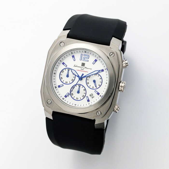 安心梱包についてこちらの商品は通常梱包となります。安心梱包は別途、下記ご注文ページより商品と一緒にご注文下さい。イタリアの文化、デザインとインターナショナルなセンスとの融合が生んだ「挑発とエレガンス」をコンセプトとするウォッチブランド【Salvatore Marra(サルバトーレ マーラ)】■サイズ：約(縦)4.0cm×(横)4.2cm×(厚み)1.3cm■重さ：約111g■手首回り：最大約20cm■ベルト：ラバー / ケース：ステンレススチール / 裏ブタ：ステンレススチール / ガラス：ミネラルクリスタルガラス■仕様：クォーツムーブメント(日本製)、月差±20秒、10気圧防水、日付表示、クロノグラフ(時/分/秒)■付属品：取扱説明書兼保証書(1年間)、専用ケース商品の特長・仕様に関する詳細はメーカーホームページでもご覧頂けます。Salvatore Marra サルバトーレマーラ 腕時計 クロノグラフウォッチ SM24109-SSWH メンズ腕時計 10気圧防水 日付表示 ラバーベルト サルバトーレ・マーラ■送料区分：60サイズ