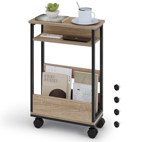 WOWQ サイドテーブル スリム キャスター付き 幅40×奥行き18×高さ59.5cm ナイトテーブル スリム ベッドサイドテーブル ベッド横 おしゃれ 隙間ラック ソファテーブル 木製 キャスター付きラッ