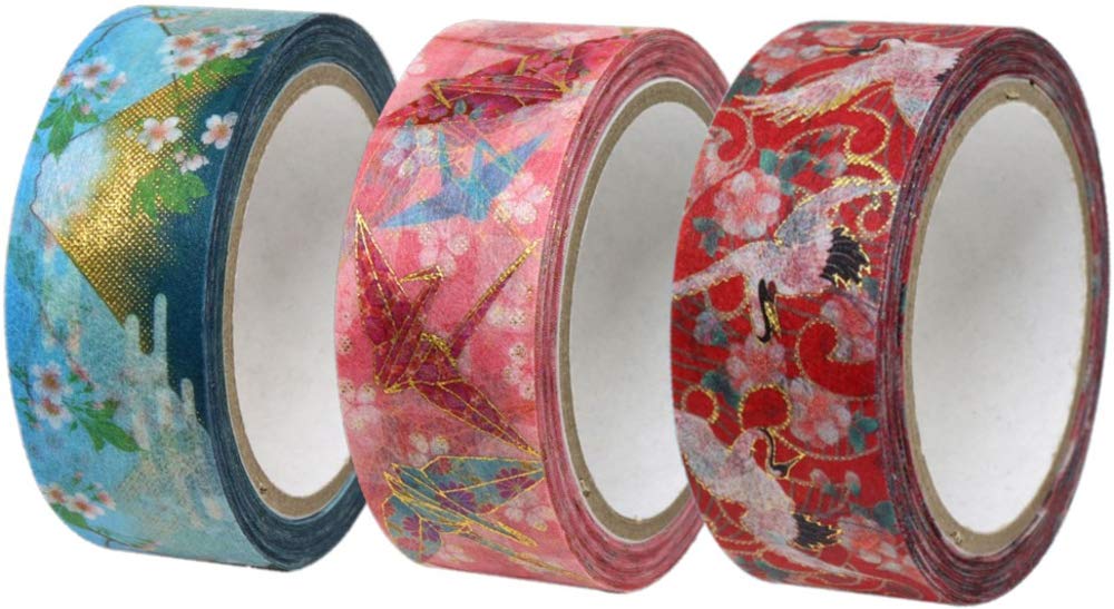 カミイソ 日本製 和紙 マスキングテープ kimono美 3巻 (鶴・折鶴・富士山) セット 幅15mm×7m巻 和柄 デザインテープ リメイク アレンジ GR-0508