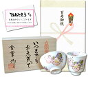 百寿のお祝い 無病息災を願った縁起物ギフト 有田焼 湯呑み 茶碗 飯碗 セット 花六瓢 赤 のし・メッセージカード付き 木箱入り