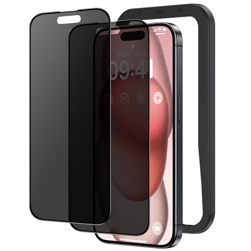 NIMASO 覗き見防止 iPhone 15 用 ガラスフィルム 全面保護 のぞき見防止 黒縁あり 強化ガラス フィルム 高感度タッチ ガイド枠付き 2枚セット アイフォン 15（6.1インチ）対応 NSP23K906