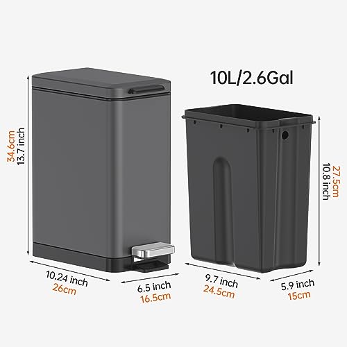 Mbillion ゴミ箱 おしゃれ スリム ペダル式 ごみ箱 ステンレス 10リットル バスルーム ゴミ箱 消臭 ダストボックス 生ゴミ ゴミ箱 インナーバケット付き 密閉 音無し キッチン 室内 リビング オ [3]