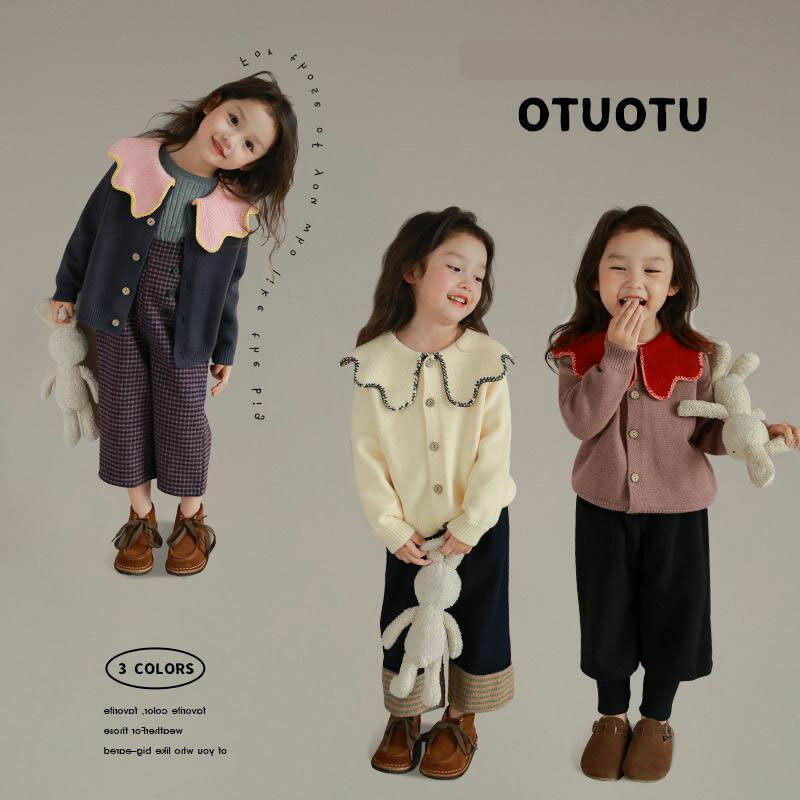 配色襟 カーディガン キッズ 子供服 こども服 女の子 ニット セーター 無地 アウタ...