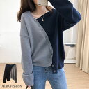 送料無料 カーディガン ニット レディース トップス バイカラー 切り替え デザイン アシンメトリー 個性的 Vネック セーター カーディガン 長袖 おしゃれ 可愛い 流行 カジュアル きれいめ 大人可愛い フリー ゆったり 体型カバー