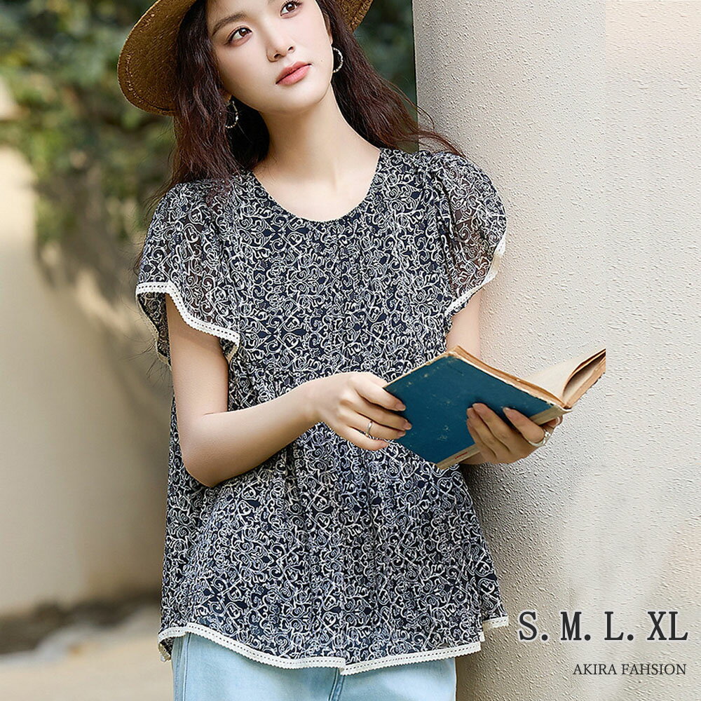 ラッフルスリーブ ブラウス レディース 半袖 シフォン トップス 花柄 シャツ クルーネック プルオーバー きれいめ 仕事 可愛い メール便 春夏 事務 OL 30代40代50代 送料無料