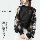 ブラウス レース 刺繍 シャツ レディース 花柄刺繍レース切り替えトップス Tシャツ カットソー バルーン袖シア素材 トップス 春夏秋 長袖 ブラウス 透け感 大人可愛い 個性上品 ブラック S M L XL 大きいサイズ 20代30代40代50代 送料無料