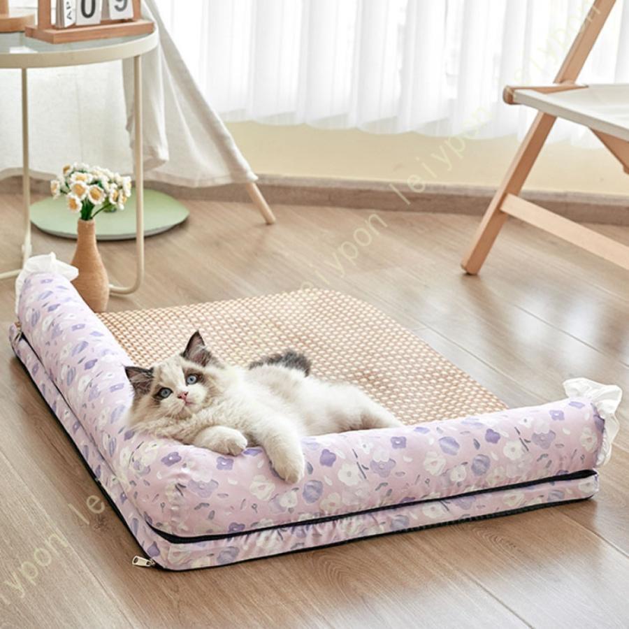 乐天商城 - ペットベッド 犬ベッド 猫ベッド L型 枕付き 高反発 耐噛み ペットクッション 成犬 シニア 老犬 滑り止め 暑さ対策 シート 涼しい 通気性 ふわふわ 軽量