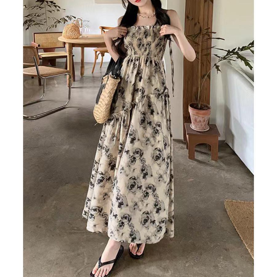 春 夏 秋 花柄 キャミワンピース 胸元シャーリング