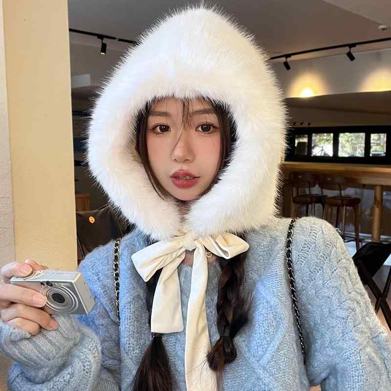 バラクラバ フード ネックウォーマー 帽子 防寒 秋冬 レディース 厚手 暖かい ファー ホワイト パープ..